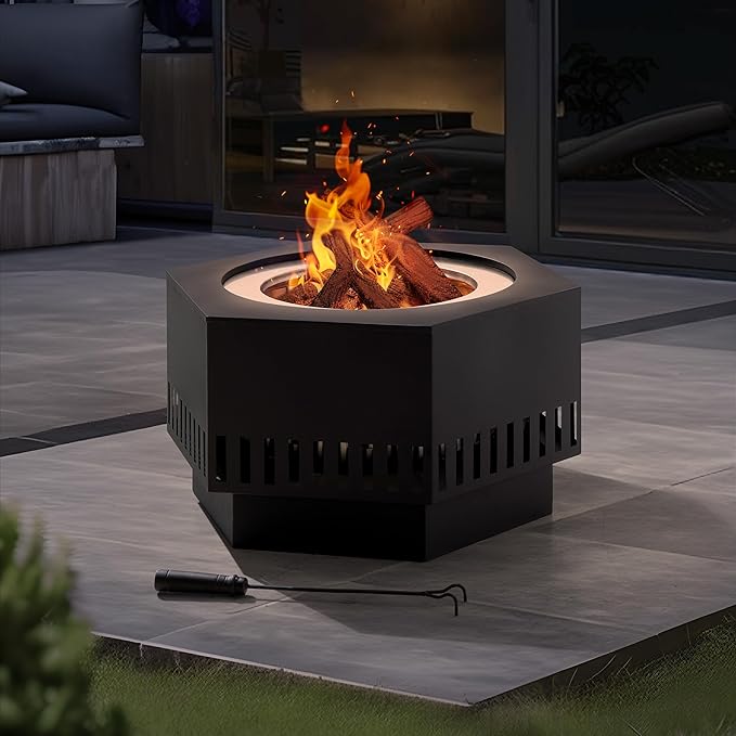 Sunjoy 28 in Smokeless Fire Pit with Removable Ash Pan, Outdoor Portable Hexagonal Wood Burning Fireplace with PVC Cover and Fire Poker,Ideal for Camping, Bonfire, and Backyard, Black
