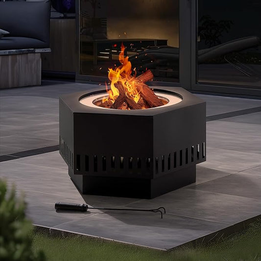 Sunjoy 28 in Smokeless Fire Pit with Removable Ash Pan, Outdoor Portable Hexagonal Wood Burning Fireplace with PVC Cover and Fire Poker,Ideal for Camping, Bonfire, and Backyard, Black