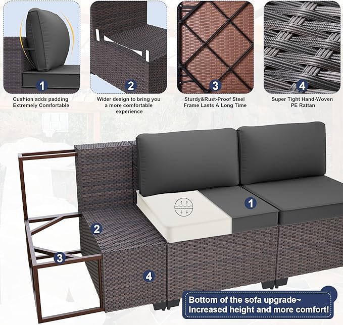 Kurapika 7 Pieces Patio Furniture Set, Rattan Wicker Outdoor Conversation Sets w/4 Inch Cushion and Glass Coffee Table(Grey)