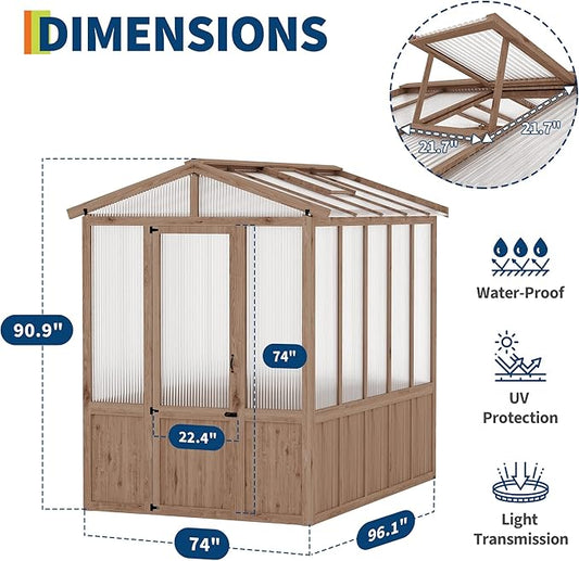 6x8FT Wooden Greenhouses for Outdoors, Wooden Walk-in Green House with Cedar Frame, Greenhouse Kit with 6MM Thick Polycarbonate Panel