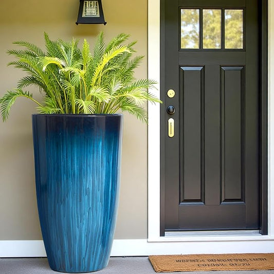 Worth Garden 23.5" Tall Plastic Planters Set of 2 with Drainage Holes, Gradient Blue Glossy Finish, Large Lightweight Round Plant Pots for Indoor Outdoor Use, Decorative Flower Pots for Front Porch