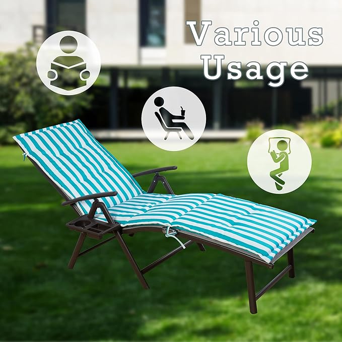 Kozyard Cozy Aluminum Reclining Lounge Chair for Beach, Yard, Pool, Deck, Patio - Outdoor Chaise Lounge with Drink Holder Weather Free Adjustable Assemble-Free Blue Strip Cushion