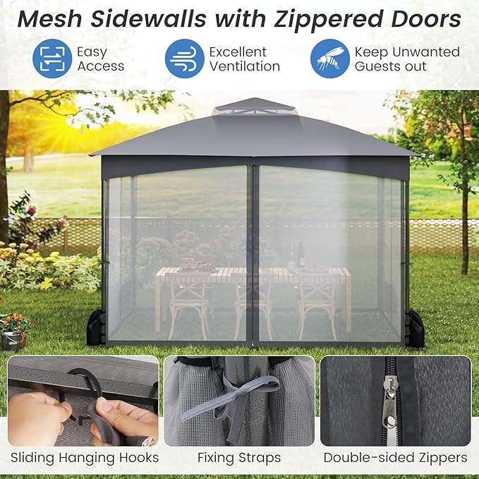 Tangkula 10x12 FT Outdoor Gazebo with Netting, Double Roof Patio Shelter with 4 Sandbags, Zippered Doors, Heavy-Duty Metal Frame, Metal Patio Gazebo for Yard Garden Lawn (Grey)