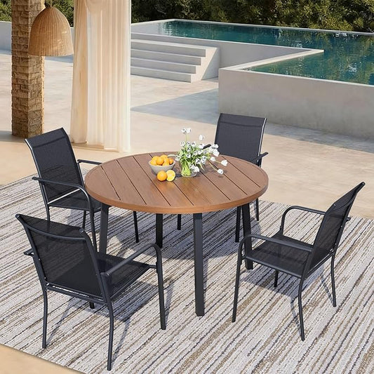 5 Pieces Patio Dining Set for 4, Black Patio Stackable Chairs and Walnut Round Table Set of 4, Outdoor Furniture Set with Sling Support for Outside, Garden