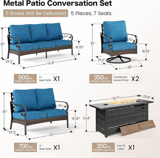 5 Piece Black Metal Outdoor Patio Furniture Set with Firepit Table, Patio Conversation Sets 1 3-seater Sofa, 1 2-seater Sofa, 2 Swivel Sofa with 5.75" Cushion for Backyard Deck, Blue-2
