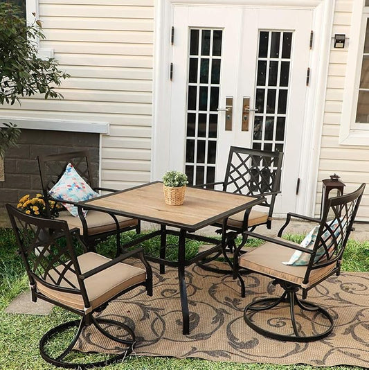 PHI VILLA 37" x 37" Patio Dining Table Outdoor Dining Furniture Umbrella Table with 1.57" Umbrella Hole, Steel Frame with Premium PVC Table Top for Patio, Lawn Garden