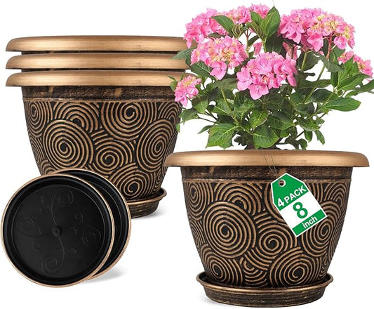 8 Inch Flower Pots Planters for Indoor Outdoor Plants, 4 Pack Plastic Small Plant Pots with Drainage Hole & Tray, Modern Decorative Garden Pot with Saucer, Plant Container for House