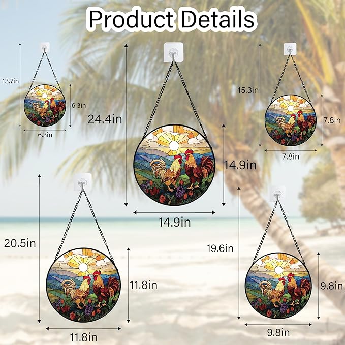 AMDERVEN Stained Glass Window Hanging, Countryside Scenery Chicken Sun Catcher for Door Home Decor Sunrise Suncatcher Christmas Mother's Day Birthday Gifts for Women Men Mom Nana 11.8 in