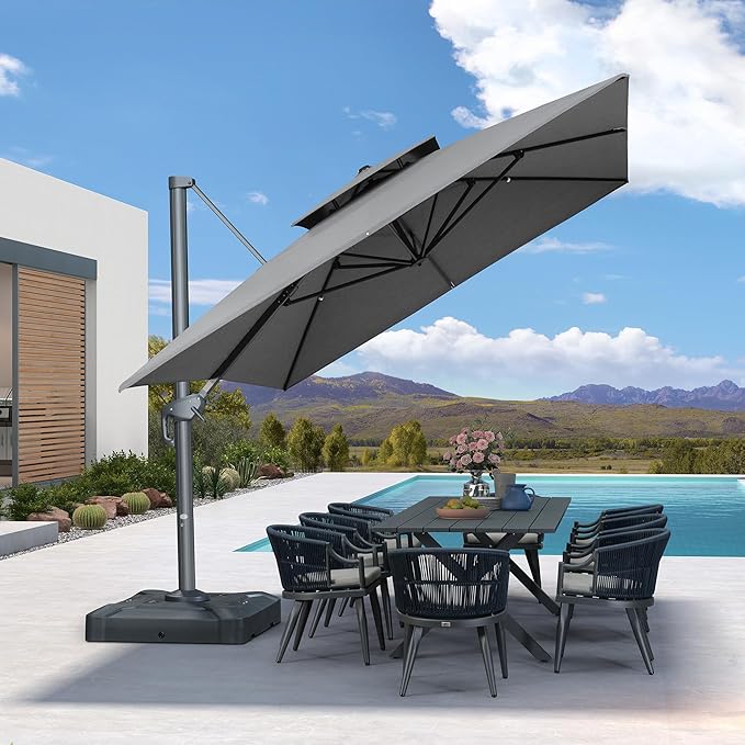 PURPLE LEAF 10' X 13' Double Top Cantilever Patio Umbrella Deluxe Large Outdoor Umbrella Rectangle Offset Umbrella with Fade Resistance for Garden Deck Pool Patio, Mist Grey