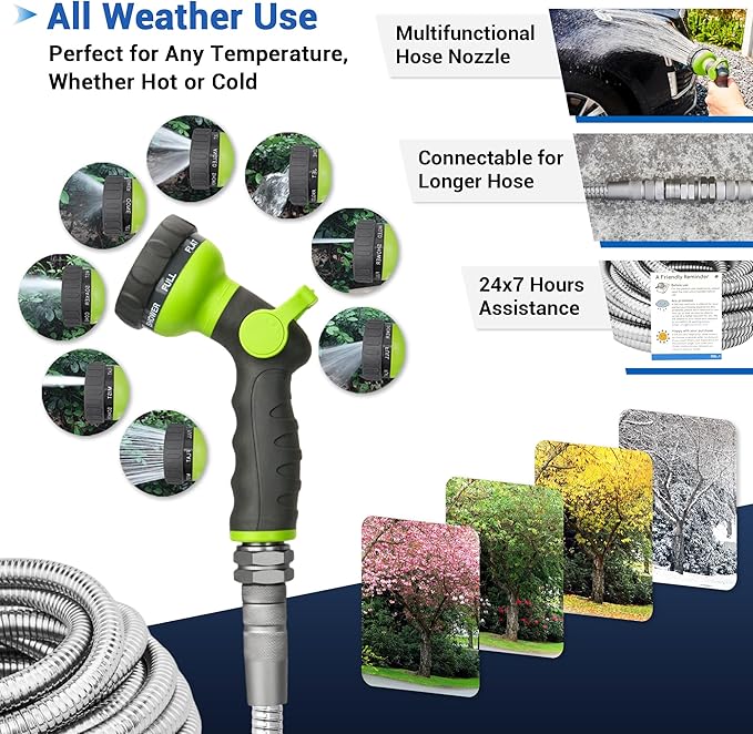 50 FT Stainless Steel Garden Hose – 304 Steel Heavy Duty Metal Hose, No-Kink, Puncture Resistant, Lightweight, Leak-Proof Swivel Fittings, 8-Pattern Nozzle for Garden, Yard, Outdoor Cleaning