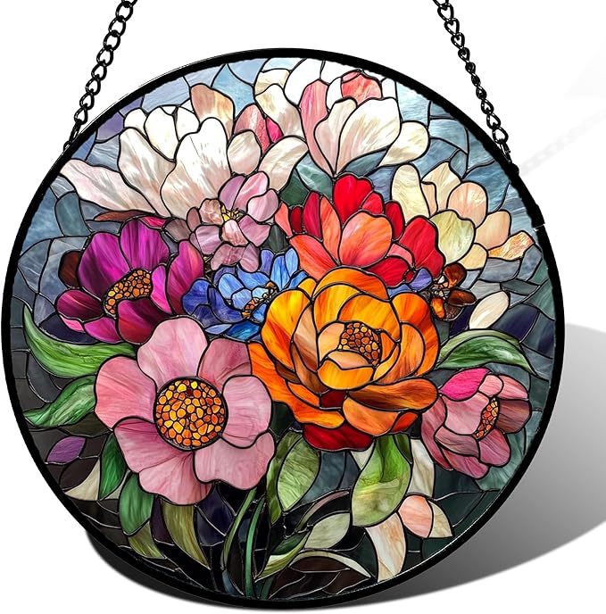 QZQCBLC Stained Glass Window Hanging Flowers and Wildflowers 9.8" - Suncatcher Door Garden Sun Catcher Home Decor Birthday Thanksgiving Christmas for Mom Woman Nana Friend