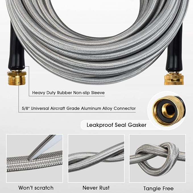 Garden Hose 304 Stainless Steel Metal Braided Hose, Lightweight, Kink-Free, Tough, Flexible Water Hose, Rust Proof, Puncture, Portable, 5/8" Aircraft Grade Aluminum Alloy Connector, 25FT