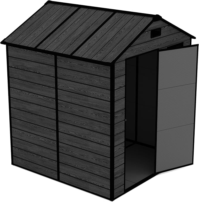 Outdoor Storage Resin Shed with Floor, Waterproof Plastic Garden Bike Shed with Lockable Door, Sloped Roof, Vents & Windows, Tool Shed for Patio, Backyard, Lawn (Wood Grain Black, 5.5X5.5FT)