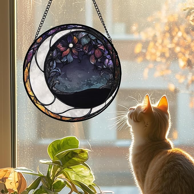 JOSUMALY Stained Glass Window Hanging - Black and White Moon Sun Catcher for Door Terrace Garden Home Decor, Abstract Plant Flower Suncatcher Birthday Gifts for Lovers Women Men Dad Mom Nana 7.8 in