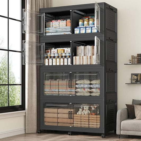 160Gal Stackable Storage Bins with Lid, 640Qt Extra Large Collapsible Storage Box with Wheels, Dividers, Folding Plastic Cabinet Closet Organizers for Home Kitchen Office Dorm, 4Pack Black
