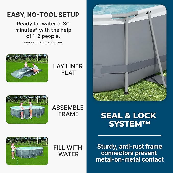 Bestway 56631E-BW Power Steel Oval Frame Above Ground Backyard Summer Swimming Pool Set with Filter Pump and Safety Ladder, 14' x 8' x 39" (Gray)