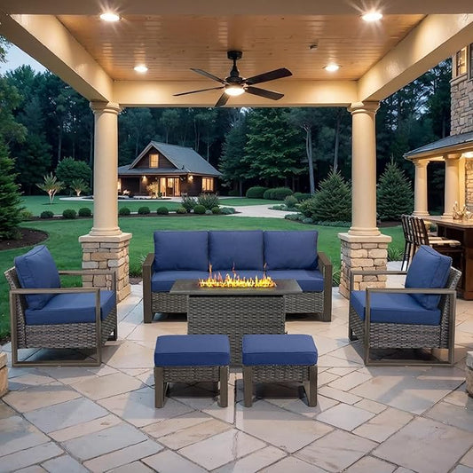 6 Piece Outdoor Patio Furniture Set with Propane Fire Pit Table, Wicker Patio Conversation Set with2 Patio Wicker Chairs Rattan Sofa and Removable 4" Thick Cushions for Deck Backyard