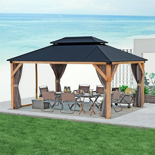 GarveeLife Hardtop Wood Gazebo 10 ft x12 ft for All Weather, with Double Metal Roof, Heavy Duty Wooden Frame, Net, and Curtain, Permanent Building for Patio, Deck, Backyard, Lawn, and Garden