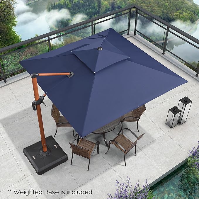 PURPLE LEAF Patio Umbrella with Base Outdoor Square Umbrella Large Cantilever Umbrella Windproof Offset Umbrella Heavy Duty Sun Umbrella for Garden Deck Pool Patio, 9ft Navy Blue