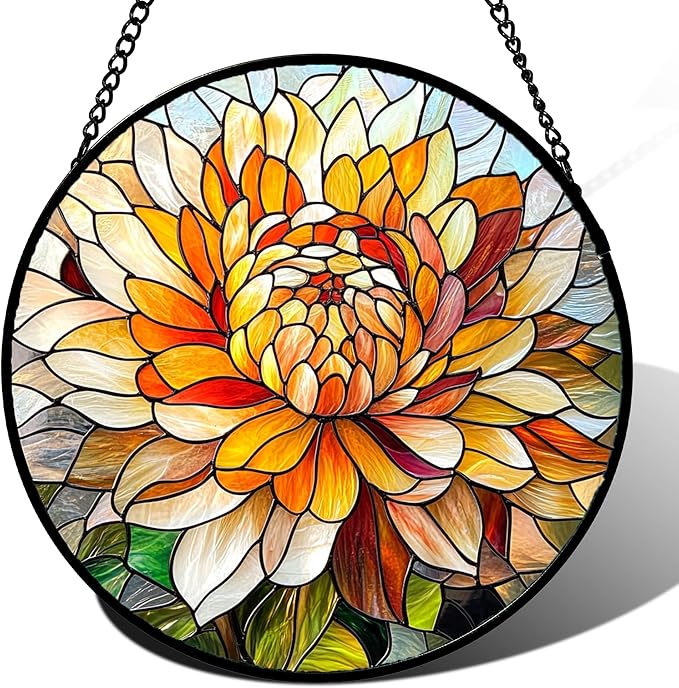 CRISGIF Stained Glass Window Hanging - Chrysanthemum Suncatcher for Doors Garden Patio Birth Flowers Sun Catchers Decor Christmas Mother's Day Birthday Gifts for Women Men Mom Nana Friend 9.8 in