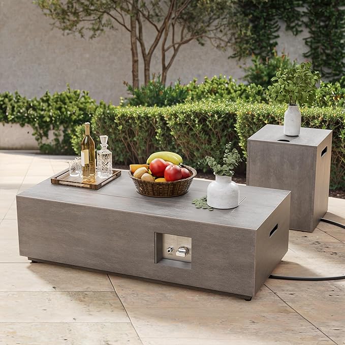 42" Rectangular Propane Fire Pit – 50,000 BTU Fire Table with Wind Guard Glass, Lid, Rocks and Cover – Backyard Fire Pits Outdoor – Propane Gas Fireplace for Deck or Patio (Grey, 42" Standard)