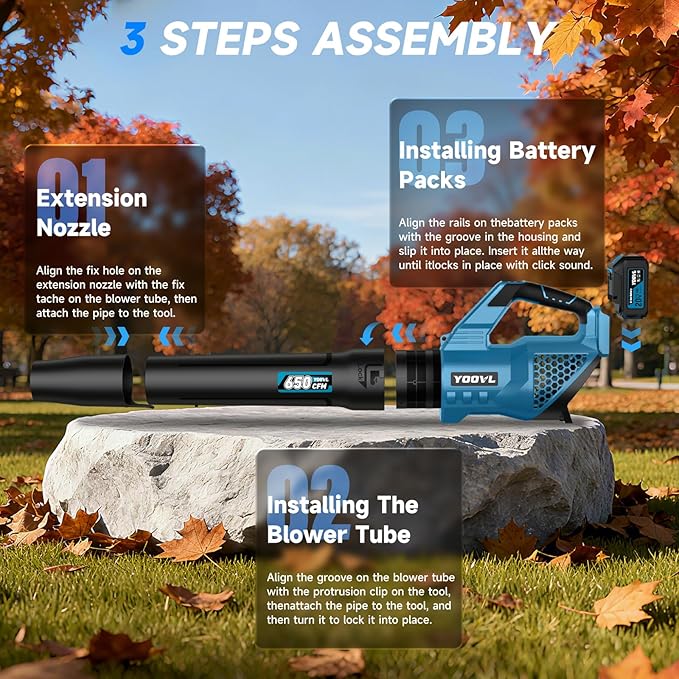 Leaf Blower Cordless, 650CFM Electric Leaf Blowers with 2 x 5.2Ah Batteries and Charger, 3 Speed Modes, 1 x Adjustable Shoulder Strap, Powerful Blowers for Lawn Care, Patio, Dust, Blowing Leaves