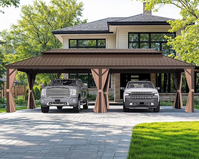 PURPLE LEAF 12' X 28' Outdoor Hardtop Gazebo Patio Wide Aluminum Frame Metal Double Roof with Heavy Duty Netting and Curtains for Permanent Hard Top Pavilion Screen Khaki