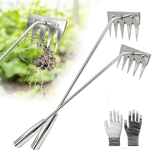 2Pcs Weed Puller Tool, 2026 Portable Manual Weeding Tools Gardening, 5 Teeth Head Stainless Steel Hand Garden Weeding Rake, Weed Remover Tool for Gardening Backyard Yard Farm Planting Weeding