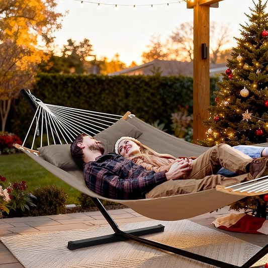 SUNCREAT Hammocks Portable Hammock with Frame, Backyard Double Hammock with Curved Spreader Bar, Brown