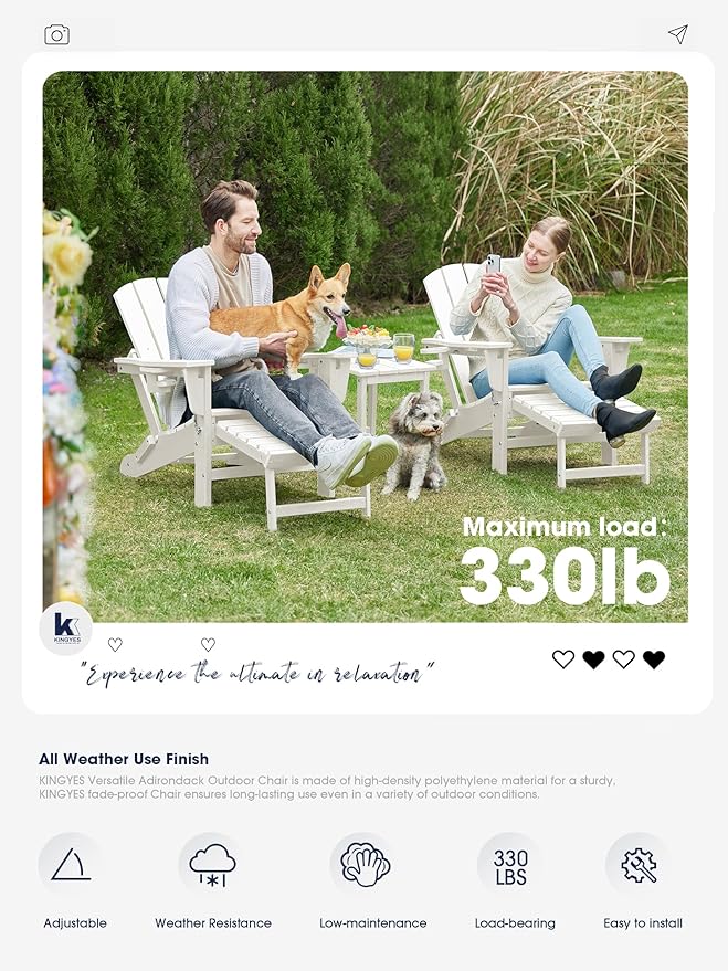 KINGYES Folding Adjustable Adirondack Chair with Ottoman & 2 Cup Holders, HDEP Multifunctional Adirondack Chair with Footrest, White