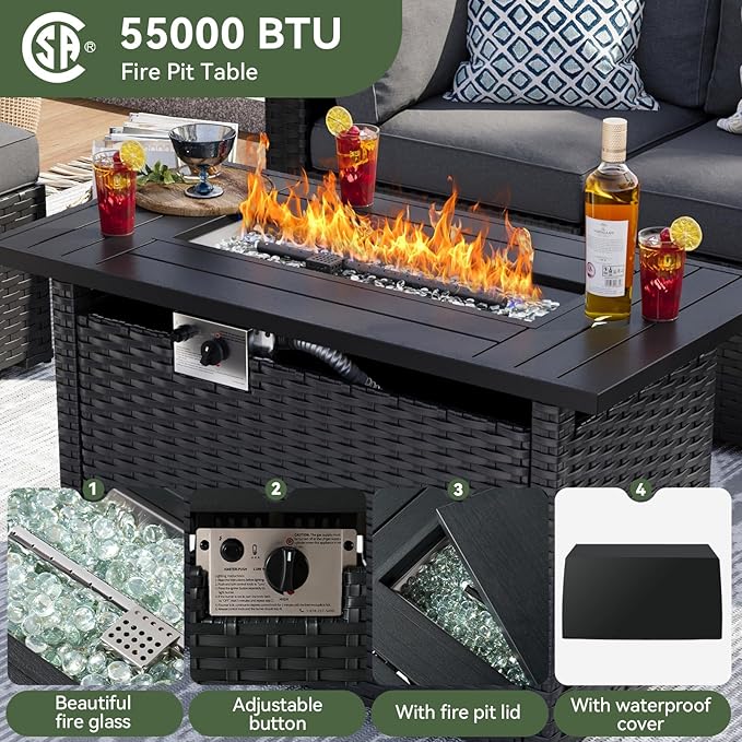 Aoxun 12 Piece Patio Furniture Set with 44” Fire Pit Table Wicker Rattan Patio Sectional Sofa Set Outdoor Seating Furniture with Thickened Cushion, Grey