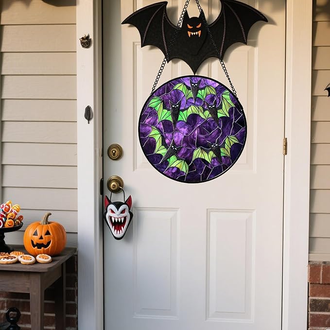 CRISGIF Stained Glass Window Hanging - Halloween Decorations Black Bat with Green Wings Suncatcher for Doors Garden Indoor Spooky Sun Catchers Gothic Decor Horror Gifts for Women Men Friend 7.8 in