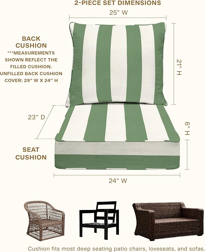 Honeycomb Outdoor Deep Seat, 24 x 23, Cabana Stripe Green & Cream Chair Cushion for Patio Furniture