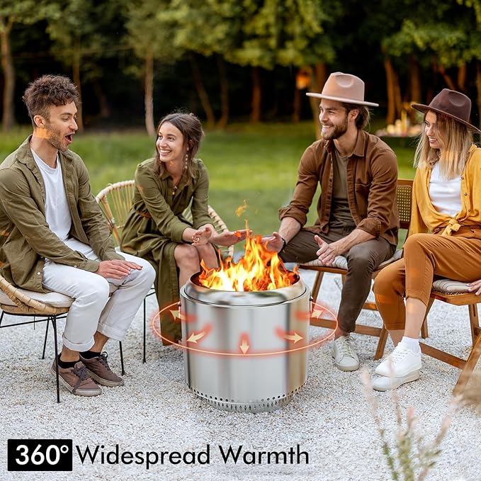 27" Smokeless Fire Pit, Portable Stainless Steel Firepit for Camping, Backyard, Beach,360° Airflow Wood Burning Outdoor Fireplace with Stand & Removable Ash Pan