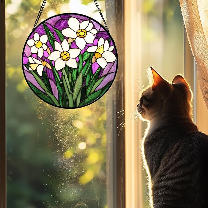 AMDERVEN Stained Glass Window Hanging 4 Pcs Set Tulips Plum Flower Daffodils Hyacinths Large 15" - Suncatcher Door Garden Sun Catcher Decor Birthday Mother's Day for Mom Woman Nana