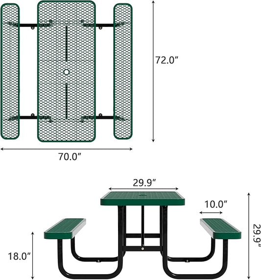 6FT Picnic Tables for Outdoors, Rectangular Commercial Metal Picnic Table Bench Set with Umbrella Hole,Heavy Duty Steel Weather-Resistant Dining Table for Patio Dining Garden Backyard BBQ School