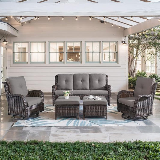 Belord 5 Piece Outdoor Patio Furniture Set - Wicker Furniture Patio Conversation Set, Outdoor Swivel Rocker Chairs with 3-Seater Sofa and 2 Ottomans for Small Space, Gray Cushion