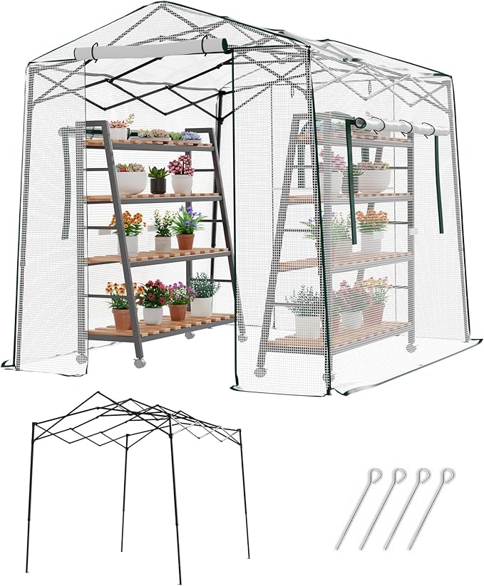8.7x6.6x7 ft Walk-in Greenhouse, Portable Plant Hot House with Zipper Windows & Doors, PE Cover & Steel Frame, for Garden, Backyard