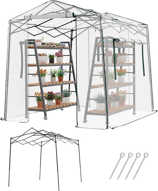 8.7x6.6x7 ft Walk-in Greenhouse, Portable Plant Hot House with Zipper Windows & Doors, PE Cover & Steel Frame, for Garden, Backyard
