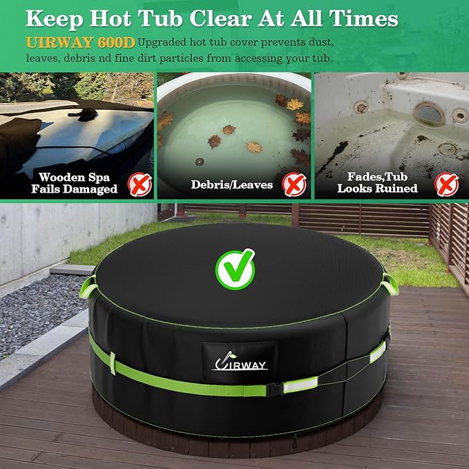 Uirway 600D Round Hot Tub Cover 86.6 x 27.5 Inch [2025 Upgraded Heavy Duty Fabric] Outdoor Waterproof Full Coverage Hot Tub Covers, New Super Windproof Straps, Fits Most 6 Person Inflatable Hot Tubs