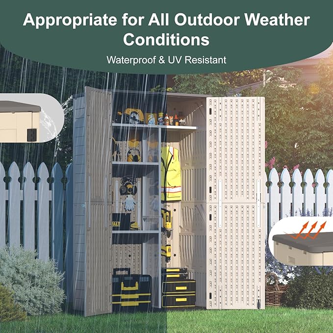Vertical Outdoor Storage Shed, 60 Cu.Ft Resin Storage Cabinet Waterproof with Lockable Floor, All-Weather Tall Backyard Shed for Patio Furniture, Garage, Garden, Porch (Khaki)