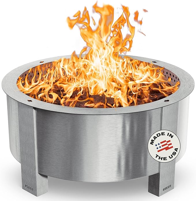 Breeo Smokeless Fire Pit (X Series 42, Stainless Steel, Lid Included) | 46 inch Smokeless Firepit for Outside | 190 Pounds | Gifts for Dad | Compatible with Wide Range of Breeo Accessories