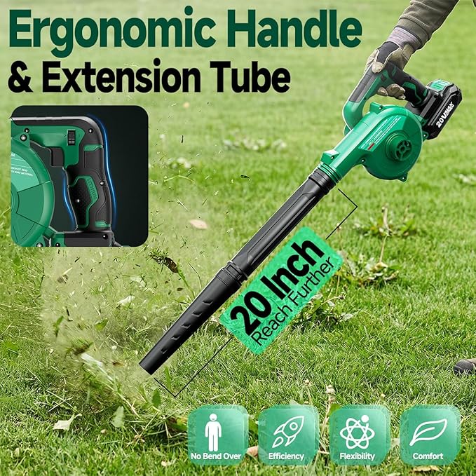 KIMO Cordless Leaf Blower and Vacuum Combo 4 in 1, 3 Nozzles for Inflation & Deflation, 3Modes & Variable Speed Up to 200CFM/150MPH with Reusable Bag, 2Pack Battery Operated Leaf Blowers for Lawn Care