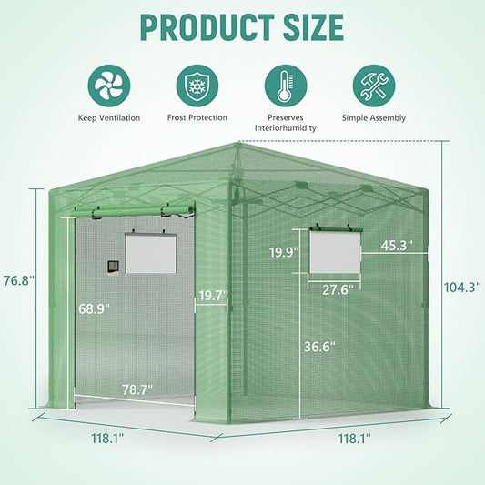 Pop Up Greenhouse, 10x10 FT Pop Up Green House for Outdoors, Portable Greenhouses, Walk-in Greenhouses, Popup Greenhouse Kit, Easy Set Up
