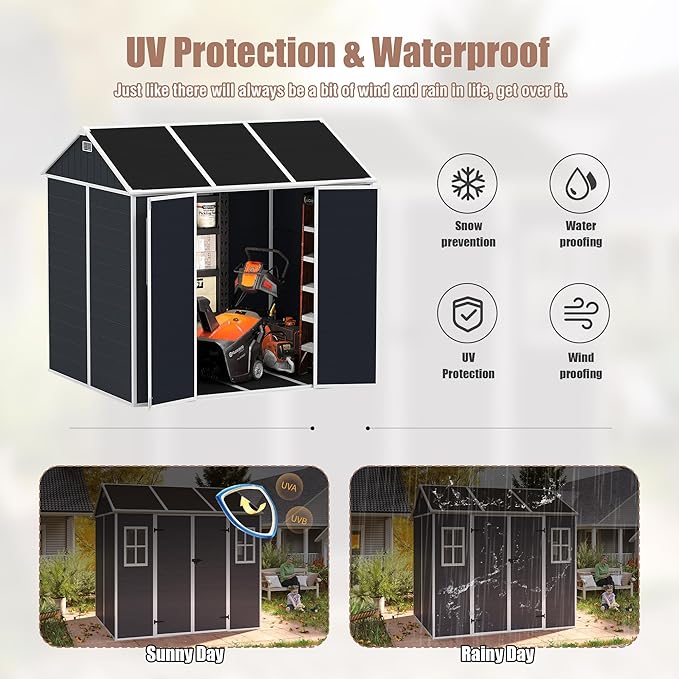 Resin Storage Shed 7.5x7ft, Outdoor Storage Sheds with Floor, Two-Window, Lockable Doors and Vents, 12mm Thick pp Board, Large Tool Shed for Bike, Garden, Backyard, Lawn (Dark Gray, 7.5 * 7ft)