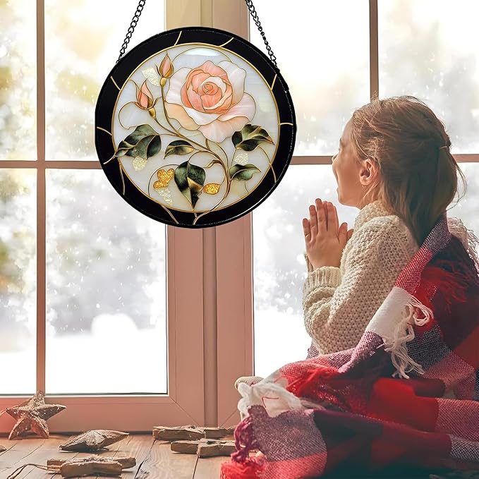 AMDERVEN Stained Glass Window Hanging - Black White Pink Rose Sun Catcher for Door Home Decor Flower Suncatcher Christmas Mother's Day Birthday Gifts for Women Men Lovers Mom Nana 9.8 in