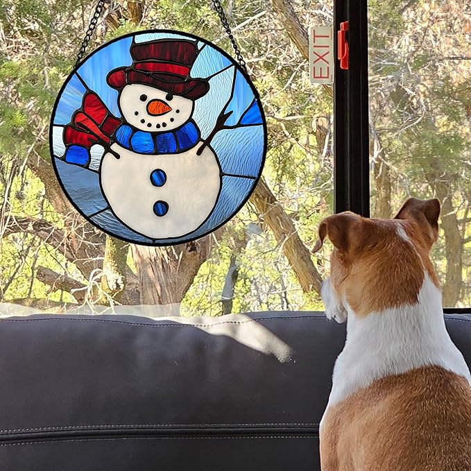AMDERVEN Stained Glass Window Hanging 4 Pcs Set Blue White Christmas Snowman Snowflake Large 15" - Suncatcher Door Garden Sun Catcher Decor Birthday Mother's Day Xmas Gifts for Mom Woman Nana Men
