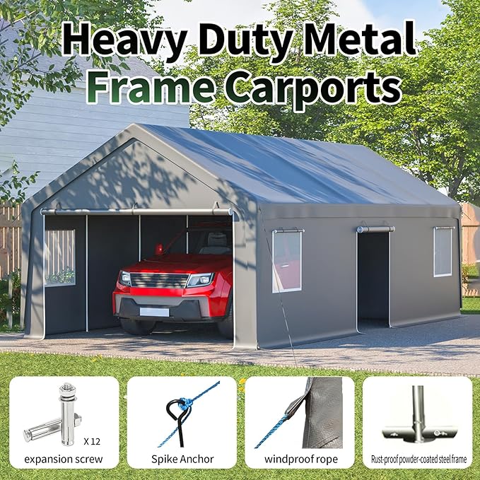 TFN 13x26 ft Heavy Duty Carport Outdoor Garage Car Port Features 2 Roll-up Doors + 1 Side Door Removable Sidewalls Windows All-Season Tarp for Car Boat Truck Vehicle