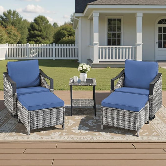 5 Pieces Patio Furniture Set - High Back Outdoor Swivel Rocker Chairs with Thick Cushions 2 Ottoman and Side Table, Wicker Patio Conversation Sets for Porch Deck Garden Backyard Gray/Blue
