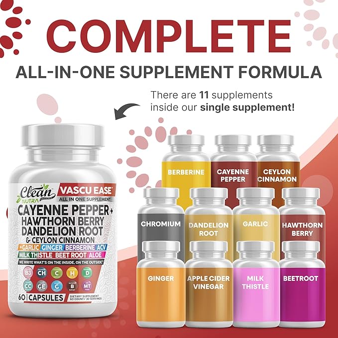 Clean Nutra Cayenne Pepper Capsules Supplement with Hawthorn Berry, Dandelion Root, Ceylon Cinnamon, Garlic, Ginger, Berberine, Apple Cider Vinegar, Milk Thistle, Beet Root, Aloe Vera Pills & More